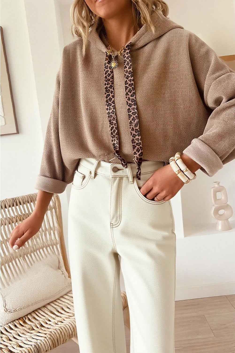 Parchment Thermal Textured Leopard Drawstring Baggy Hoodie Dark Khaki 42.5%Polyester+40%Viscose+16%Polyamide+1.5%Elastane dbb2944288a2a923