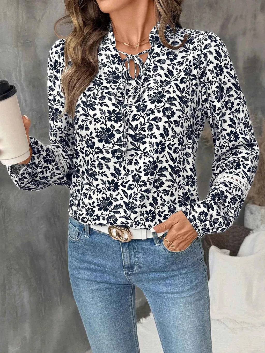 Printed Tie Neck Long Sleeve Blouse dbb7680c3fb749d7bee1d597cf2e73e5-Max-Origin