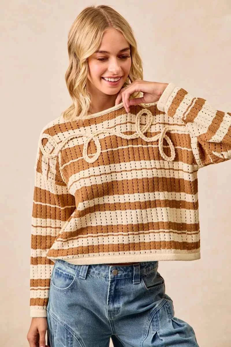 BiBi Striped Open Knit Sweater Top with Front Braided Detail dbbd66af7c494a0391895724a2876888-Max-Origin