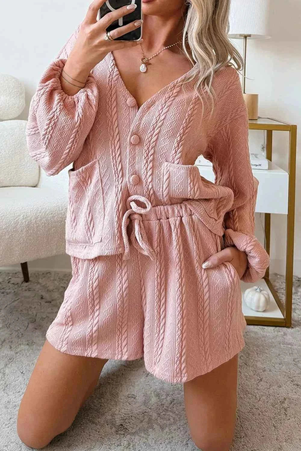 Cable Knit V Neck Cardigan and Shorts Set dbbf7073-0ab2-4b9e-8506-2879f8218734-Max-Origin