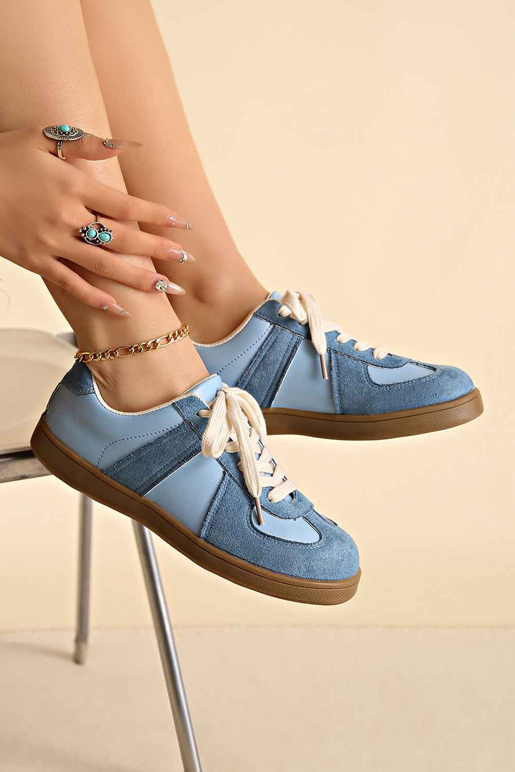 Dusk Blue Two Tone Suede Patched Lace Up Sneakers dbc2bb0f553ca5a1