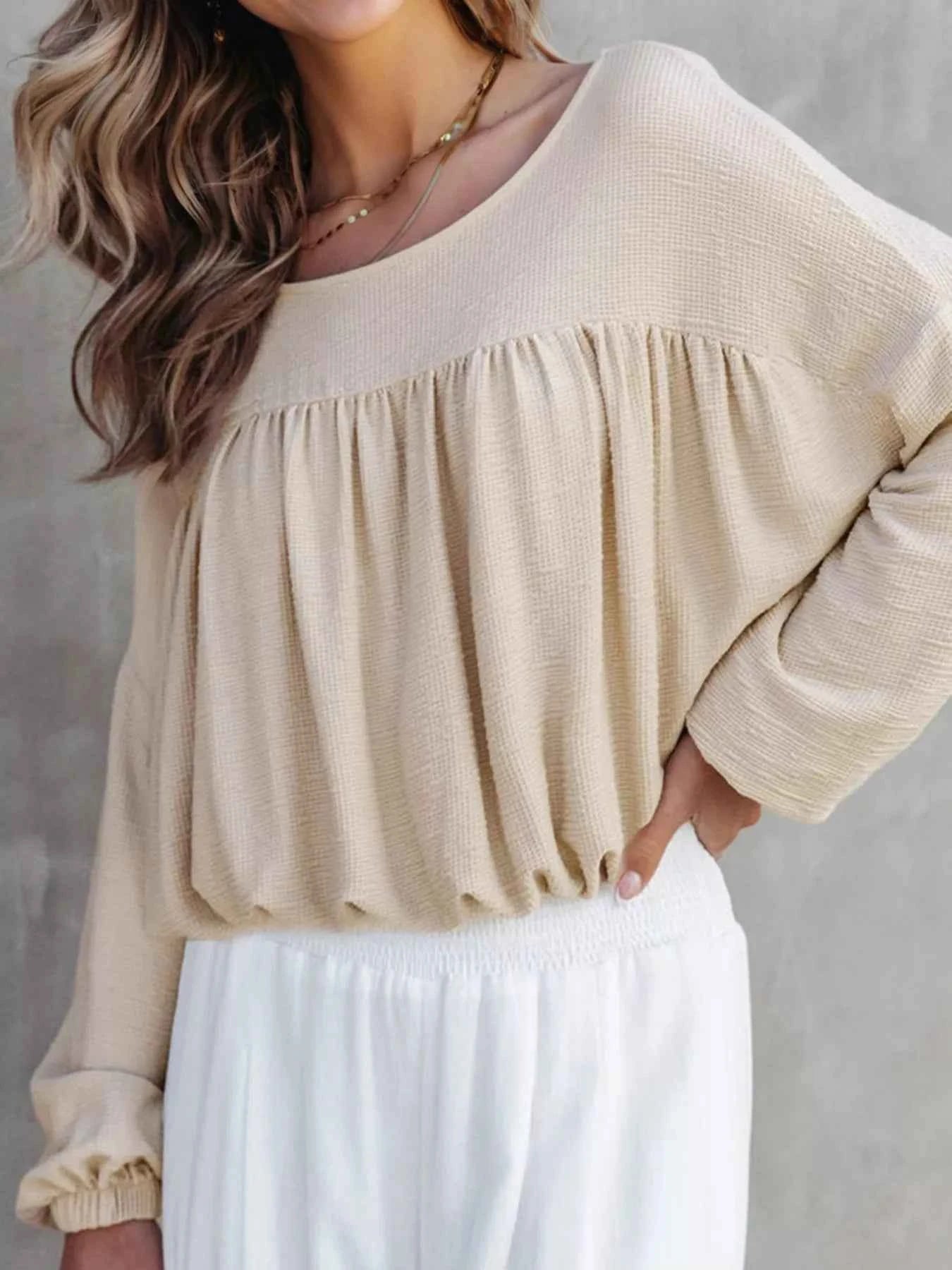 Textured Drop Shoulder Long Sleeve Top Beige dbcb70ef94f84f3da9600d0edf467230-Max-Origin