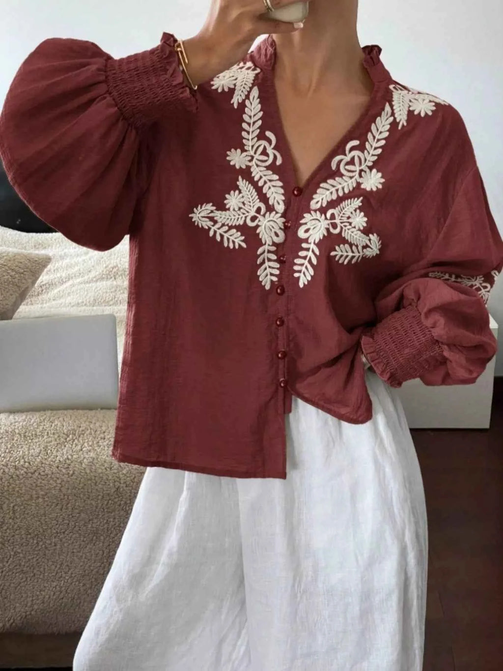 Embroidered Long Sleeve Blouse Burgundy dbcc843e25034b6ebd4018ce8b73c7a8-Max-Origin