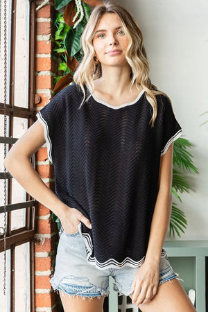 Full Size Contrast Wavy Crochet Drop Shoulder Knit Top Black dbcf89b7-c7b7-4885-a7de-a0b05a306e26-Max