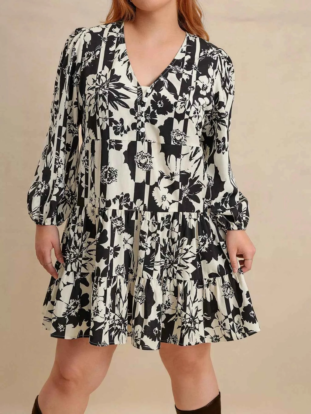Plus Size Printed V-Neck Long Sleeve Mini Dress Black dbd19c39-6a06-4932-a3cd-cc888cf90f7e-Max-Origin