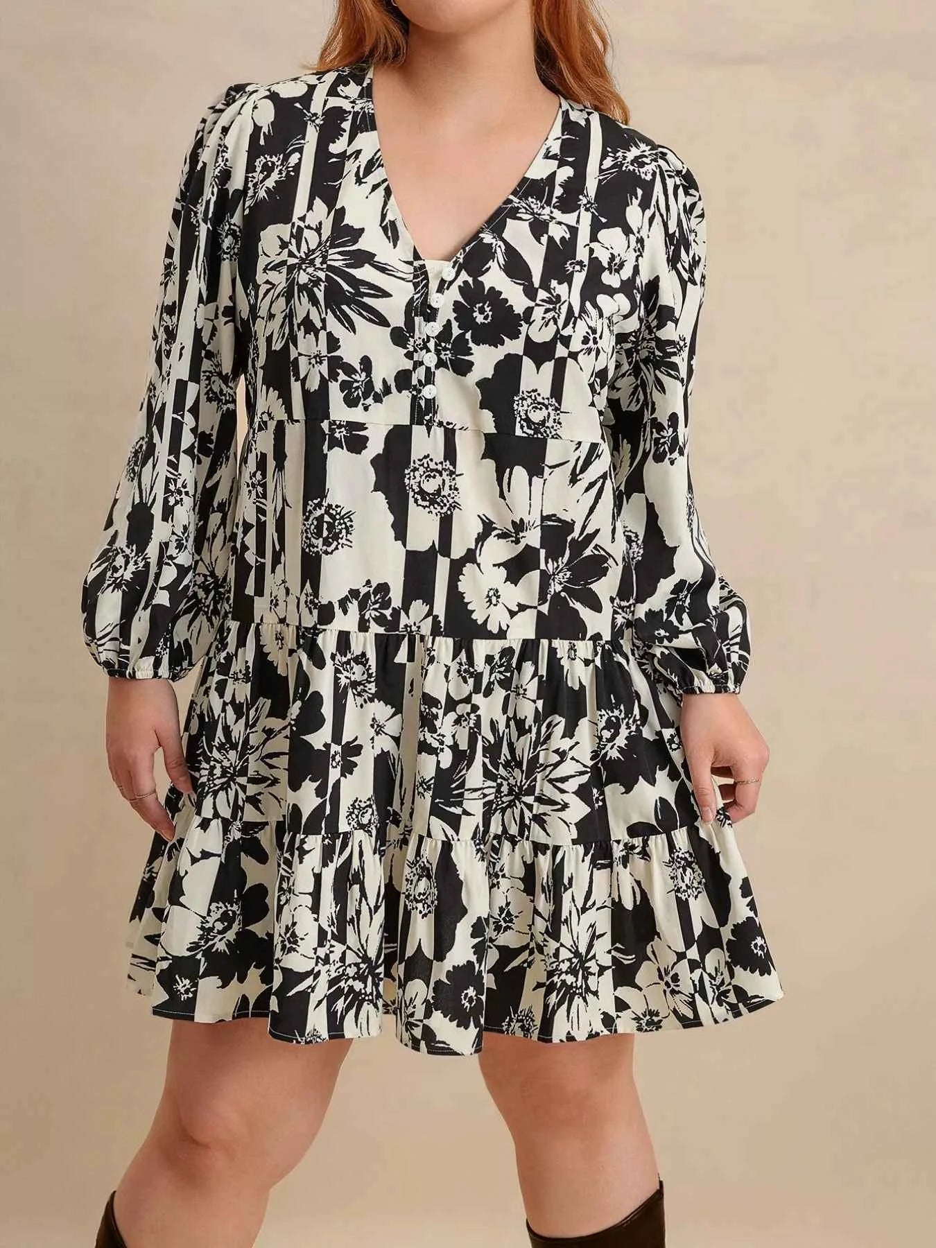 Plus Size Printed V-Neck Long Sleeve Mini Dress Black dbd19c39-6a06-4932-a3cd-cc888cf90f7e-Max-Origin