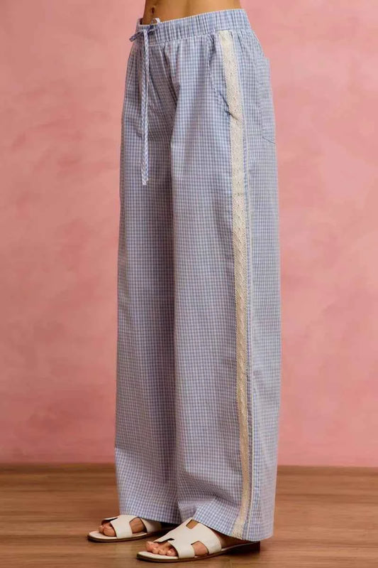 Wide Check Pants With Side Lace Trim And Piping dbd41f4cfdc94c148be8e122aadda33a-Max-Origin