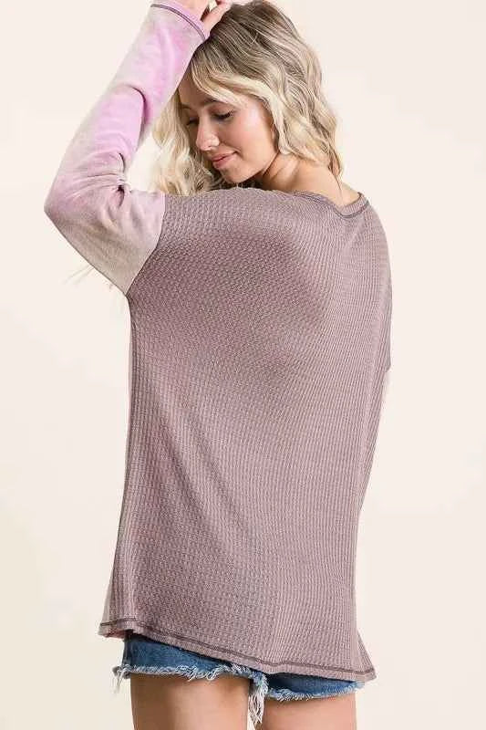 BiBi Thermal Waffle Color Block Top with Tie Dye dbd4def5742249d09b3147a6a26ee200-Max-Origin