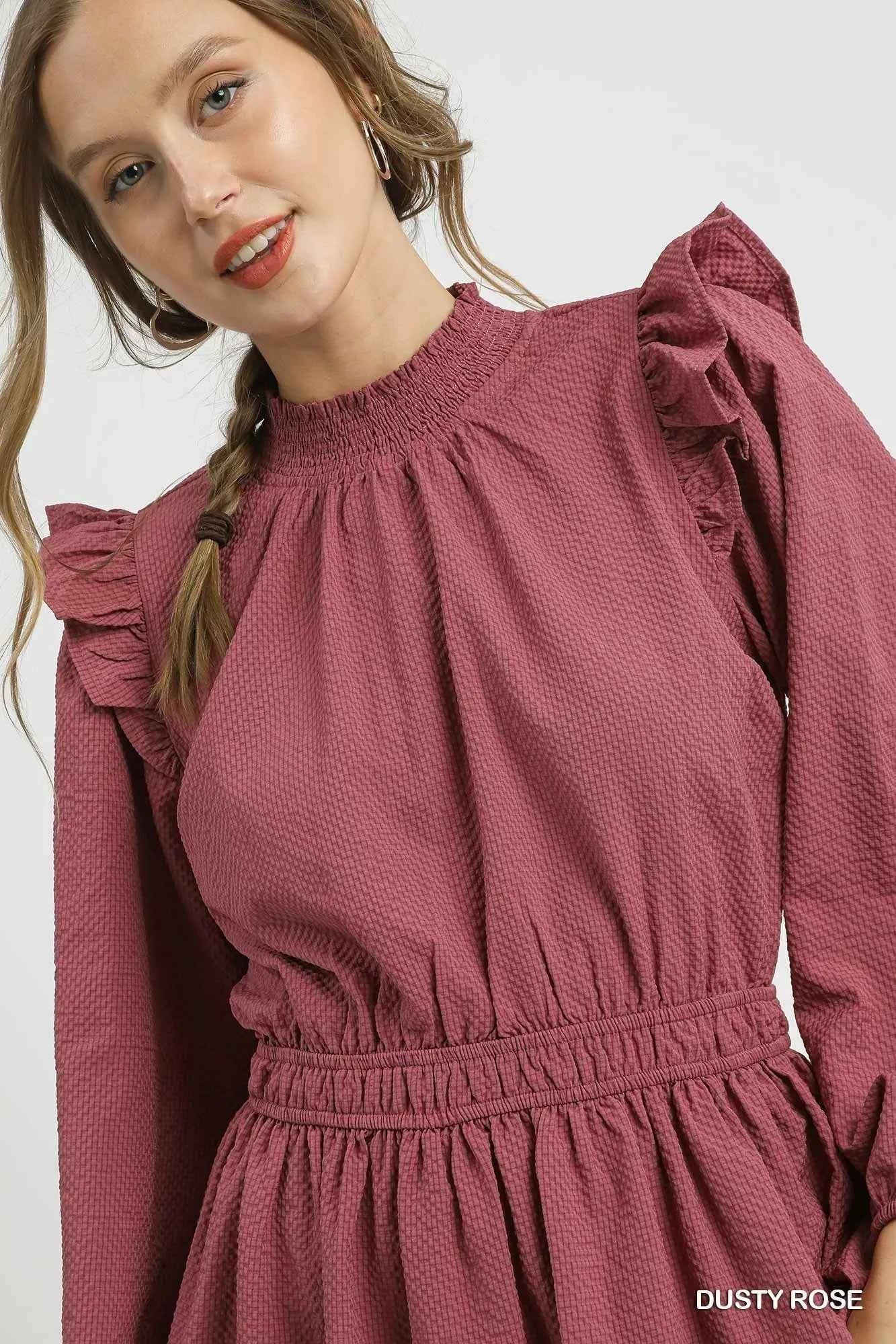 Umgee Textured Midi Dress with Ruffle Shoulder Detail dbd919f1-eb01-4ccb-bd44-cc2df437f8b6-Max-Origin