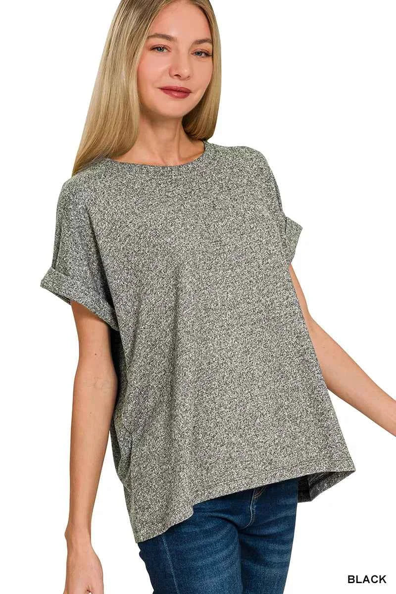 Zenana Soft Melange Hacci Short Sleeve Round Neck Top dbde6099-e445-420a-9339-082cf6671741-Max-Origin