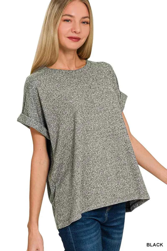 Zenana Soft Melange Hacci Short Sleeve Round Neck Top dbde6099-e445-420a-9339-082cf6671741-Max-Origin