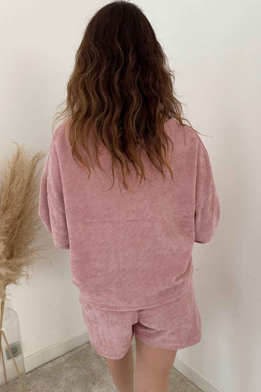 Fushia Textured Knit Drop Shoulder Pullover Drawstring Shorts Set dbdee6a1527e80bf