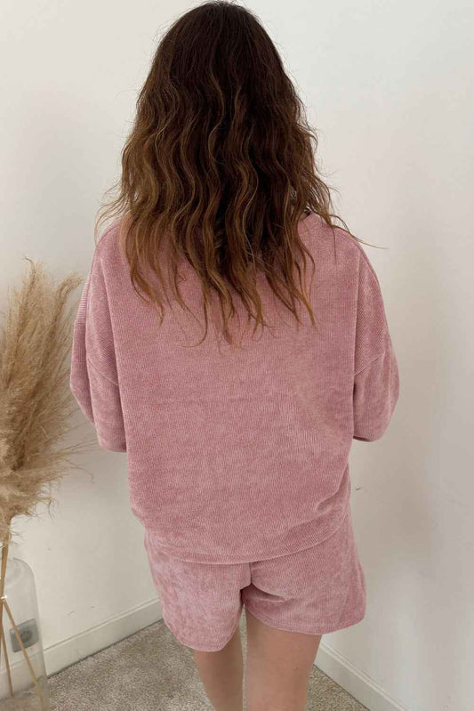 Fushia Textured Knit Drop Shoulder Pullover Drawstring Shorts Set dbdee6a1527e80bf