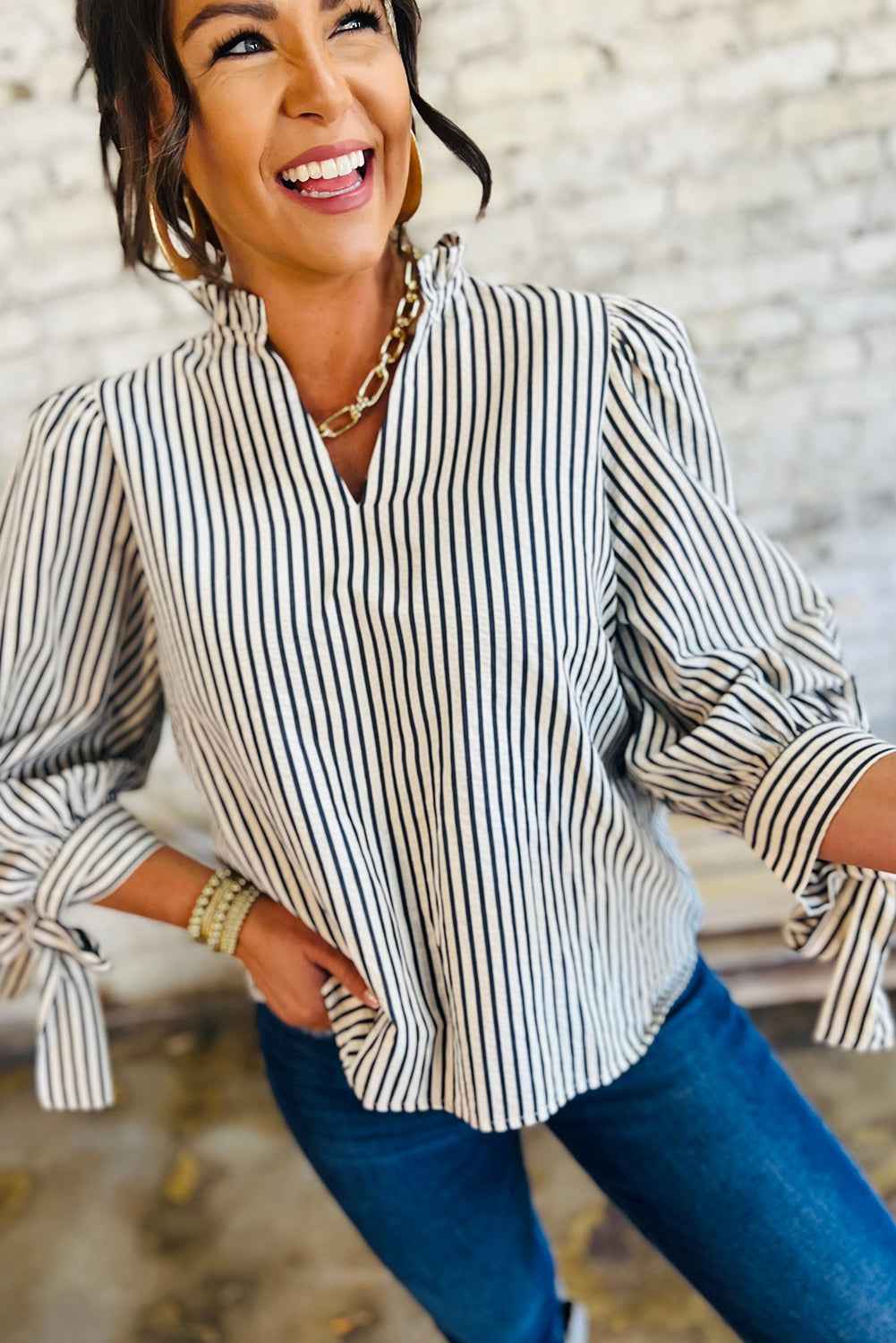 Black Stripe Frill V Neck Knot Cuffs Blouse dbdf2ac0b334eb58