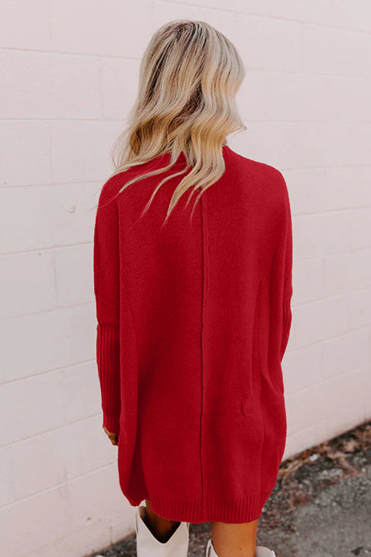 Fiery Red Ribbed High Neck Front Pockets Center Seam Sweater Dress dbe21315a3838e76