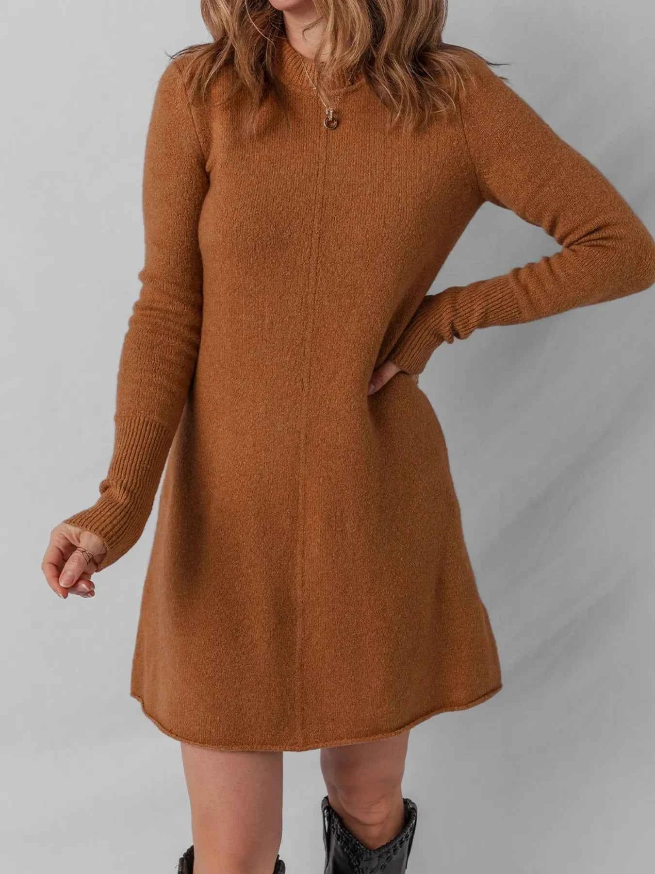 Ribbed Detail Solid Color Mini Sweater Dress Caramel dbe3533adb34499e87cdb6041f975a48-Max-Origin