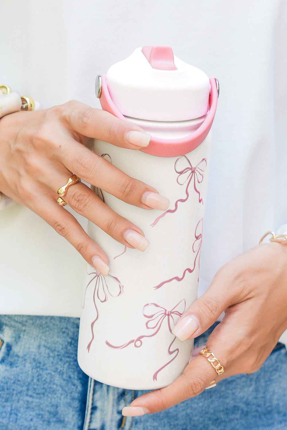 White Bowknot Print Insulated Water Bottle White ONE SIZE stainless steel dbe658872bc249f4