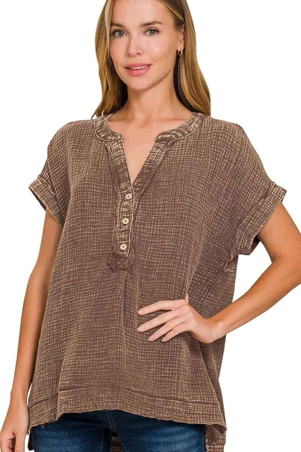 Zenana Washed Double Gauze 3/4 Button Henley Neck Shirt BROWN dbed6156-9e3d-4e5e-8565-d668ddeca8d8-Max-Origin