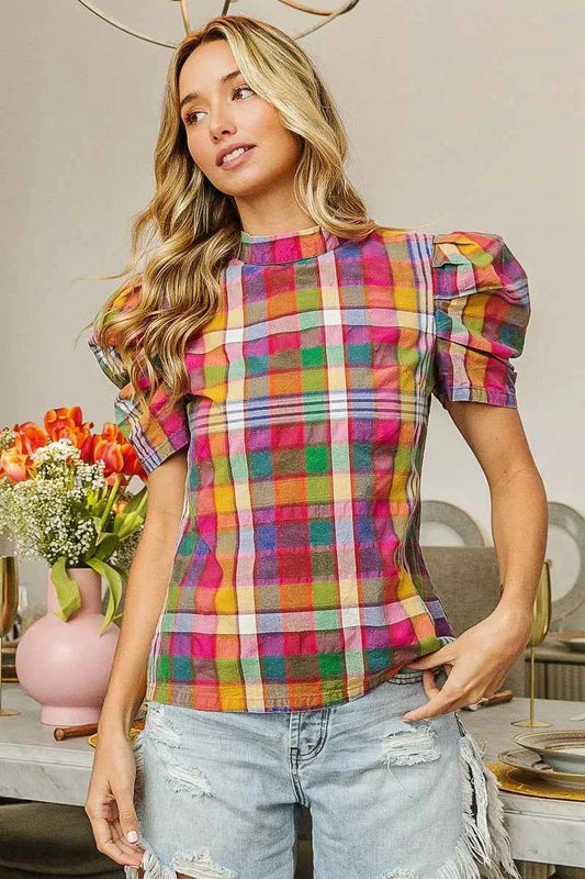 Short Puff Sleeve Washed Vintage Plaid Top dbf1fd6d417e4288a1188abee206425e-Max-Origin