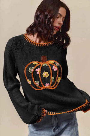 Pumpkin Floral Embroidered Thanksgiving Sweater BLACK dbf5deb6b47846eca14dab9846ed3987-Max-Origin