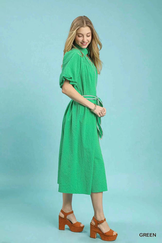 Ruffle Collar Midi Dress with Stripe Trim dbf84648-6b2a-4767-8343-2af81f629568-Max-Origin
