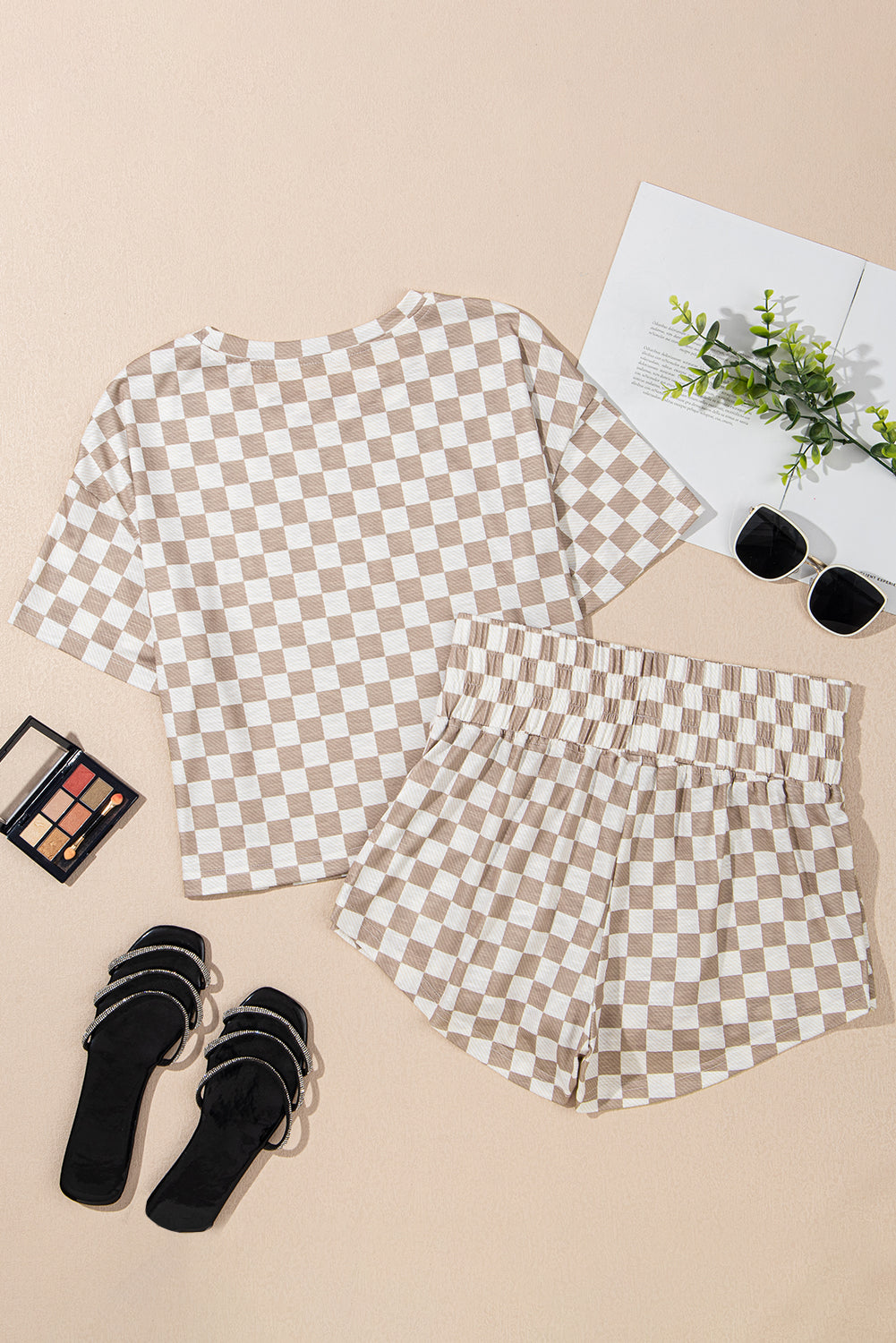 Brown Checkerboard T Shirt and High Waist Skort Set dbfc3cdae73de09a