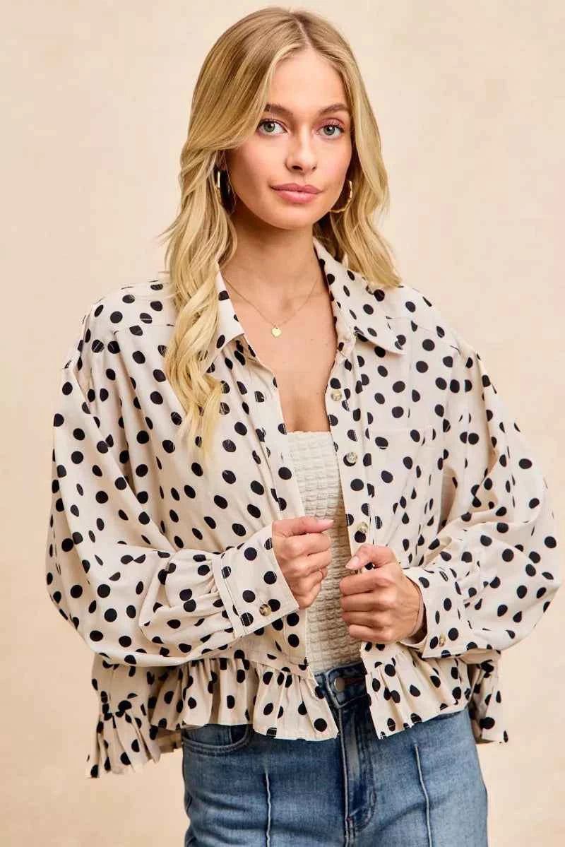 BiBi Crinkle Polka Dot Ruffled Hem Button Up Shirt Top dbfc83127cd341119bba79357820d951-Max-Origin