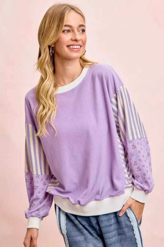 Mix and Match Sweatshirt with Floral Sleeve Striped dc01432741fa4419aa9a98fd5aa11d7c-Max-Origin