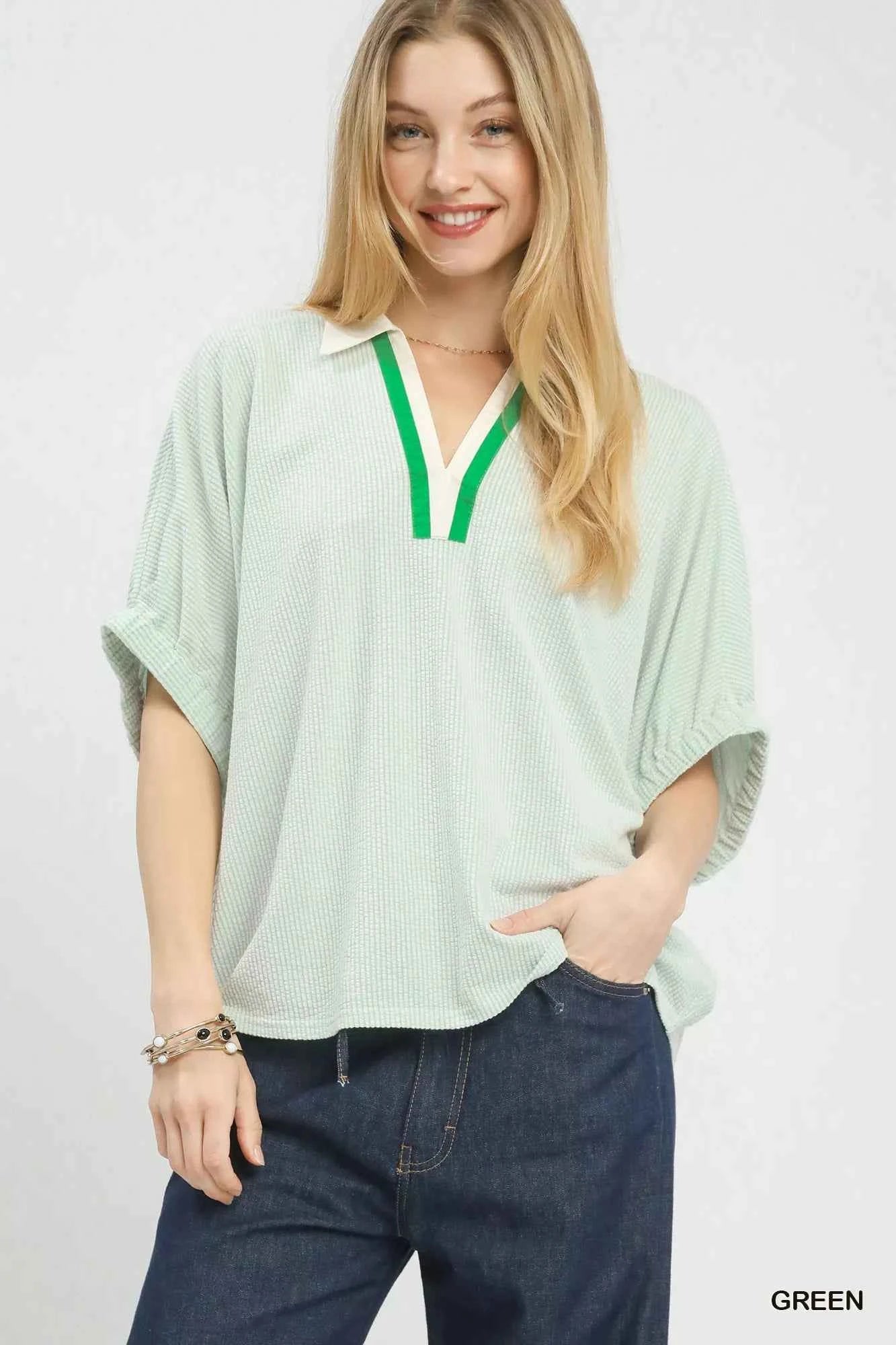 Umgee Contrast Collar V-Neck Top GREEN dc01edf4-c159-4f4d-8e9e-d59aa15f2ed3-Max-Origin