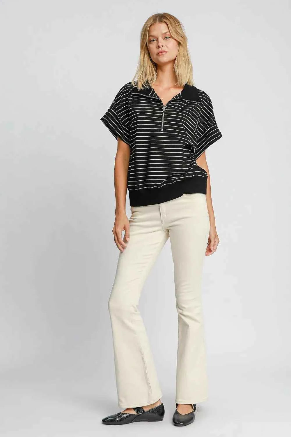 Umgee Striped Half Zip Short Sleeve Sweatshirt dc04ad0d-b262-49b6-881b-025c4751a065-Max
