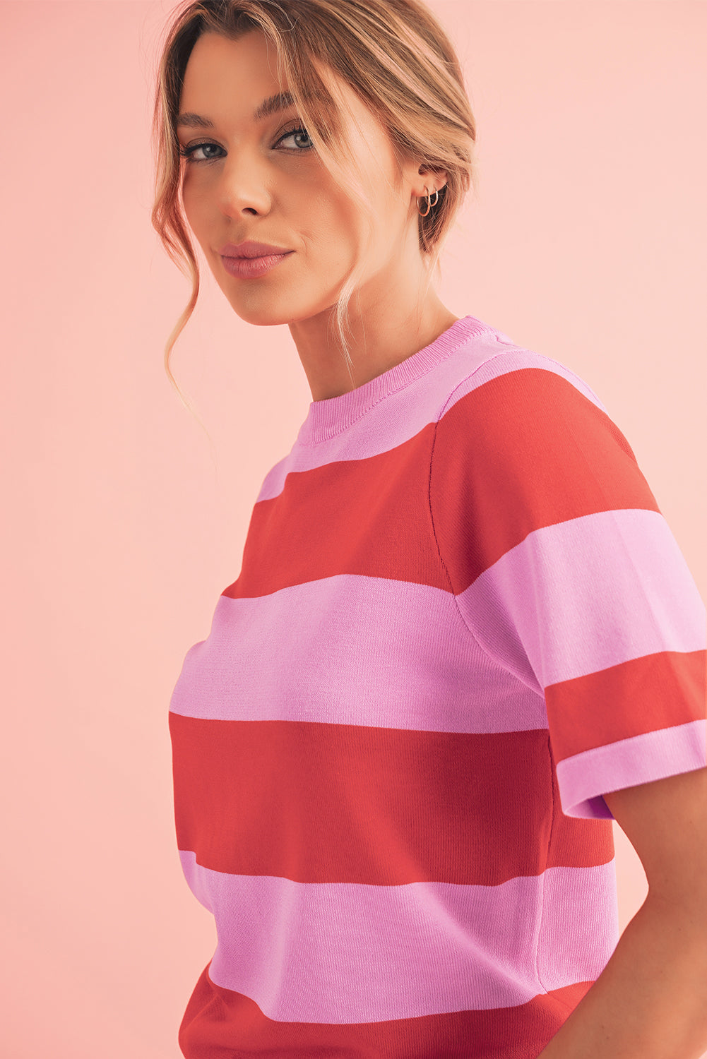 Bright Pink Colorblock Knitted Round Neck T Shirt dc10333957d51c1b
