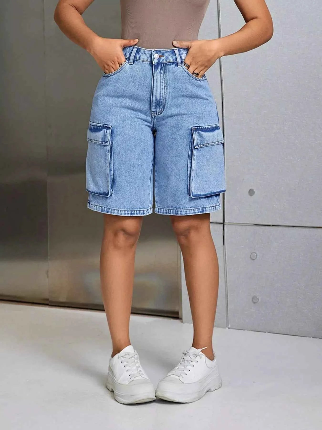 High-Waisted Cargo Denim Shorts
