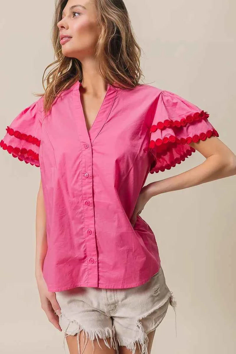 BiBi Dot Trim Flutter Sleeve Notched Top dc1416368ad2446aba778dc6d3d789a5-Max-Origin