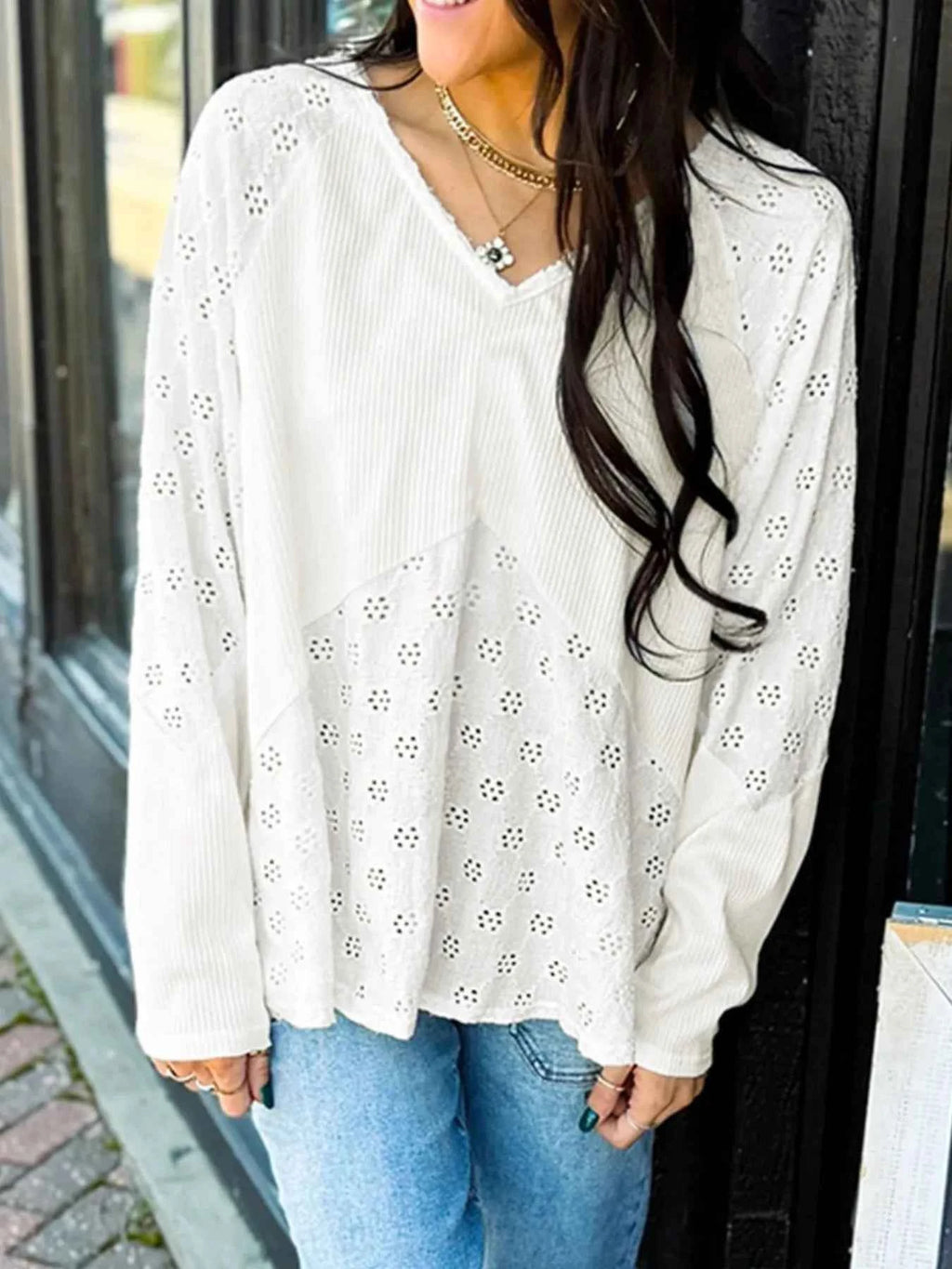 Eyelet Embroidered Loose V Neck Long Sleeve Top dc143039-ad11-4e33-800e-08ec046850db-Max-Origin