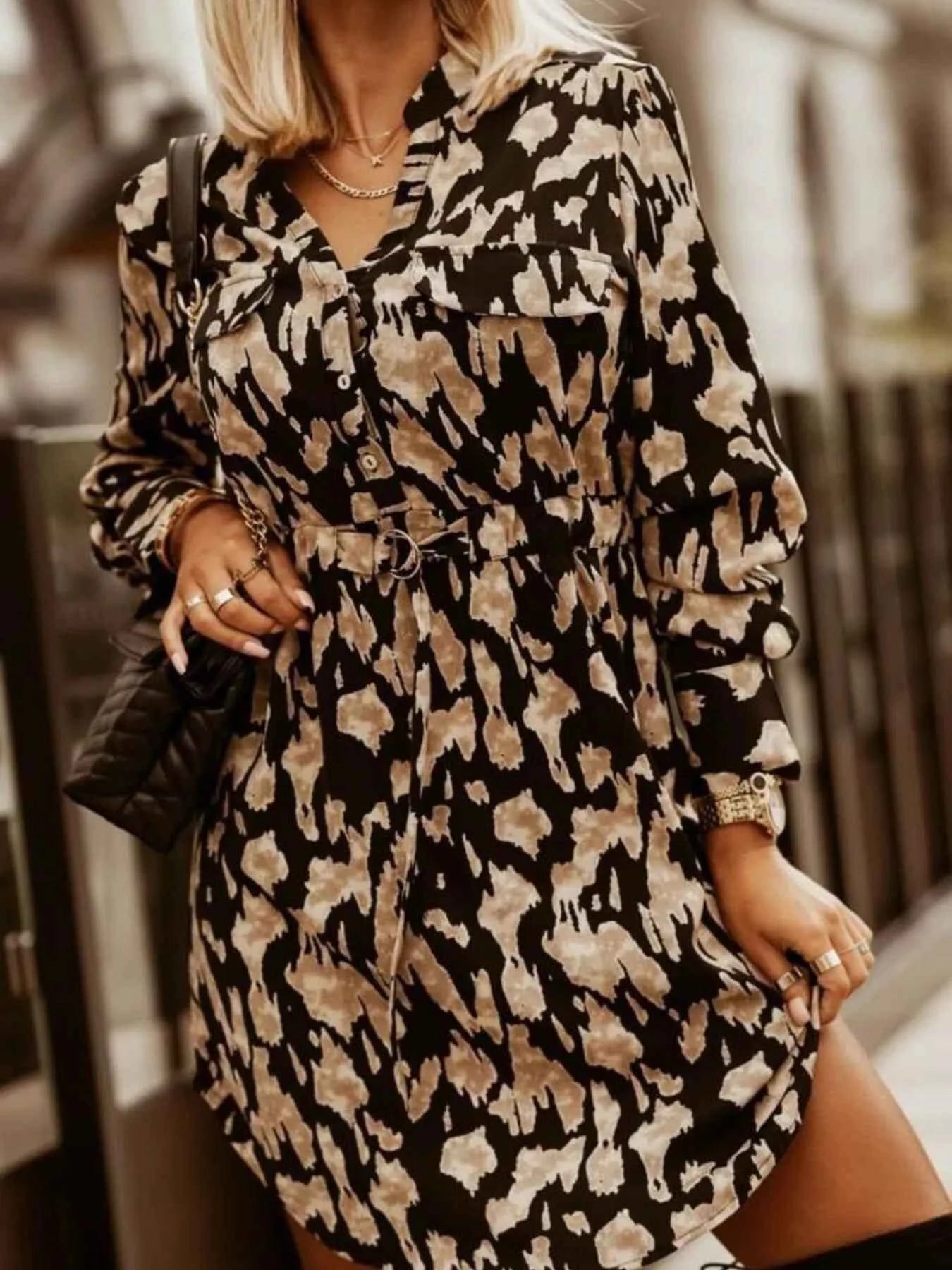 Printed Button Front Long Sleeve Dress Khaki Leopard Print dc160206-b8aa-41d3-ba0d-cb56d44cce19-Max-Origin