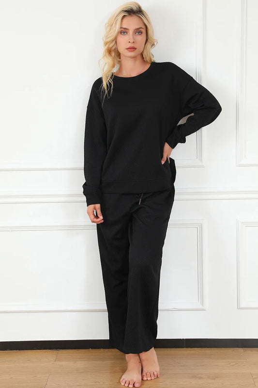 Double Take Full Size Textured Long Sleeve Top and Drawstring Pants Set dc181bf0e67041f7abdea31fc00f35d9-Max
