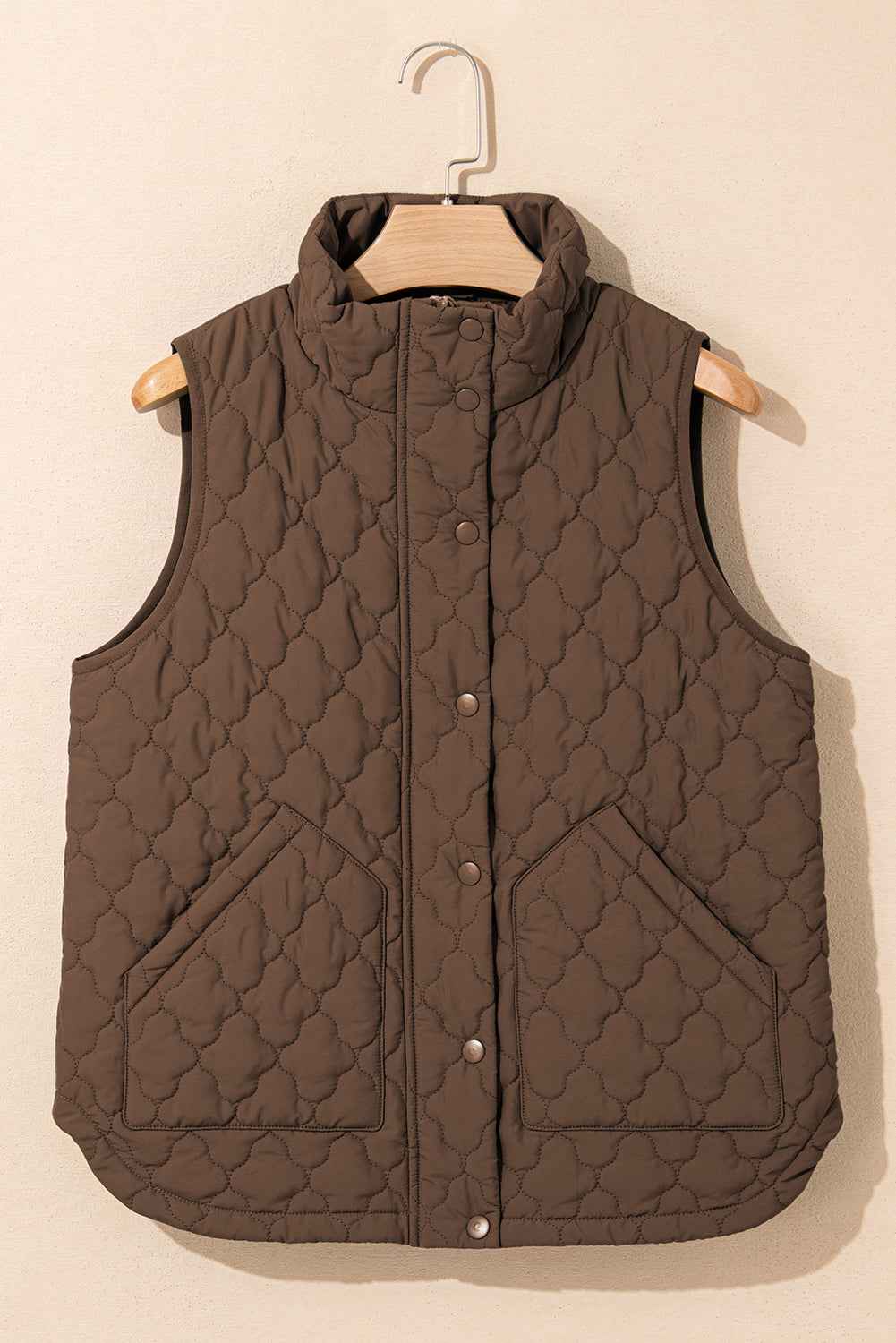 Dark Brown Flower Shape Quilted Snap Button Zip Up Winter Vest dc191f0a0e9614b2