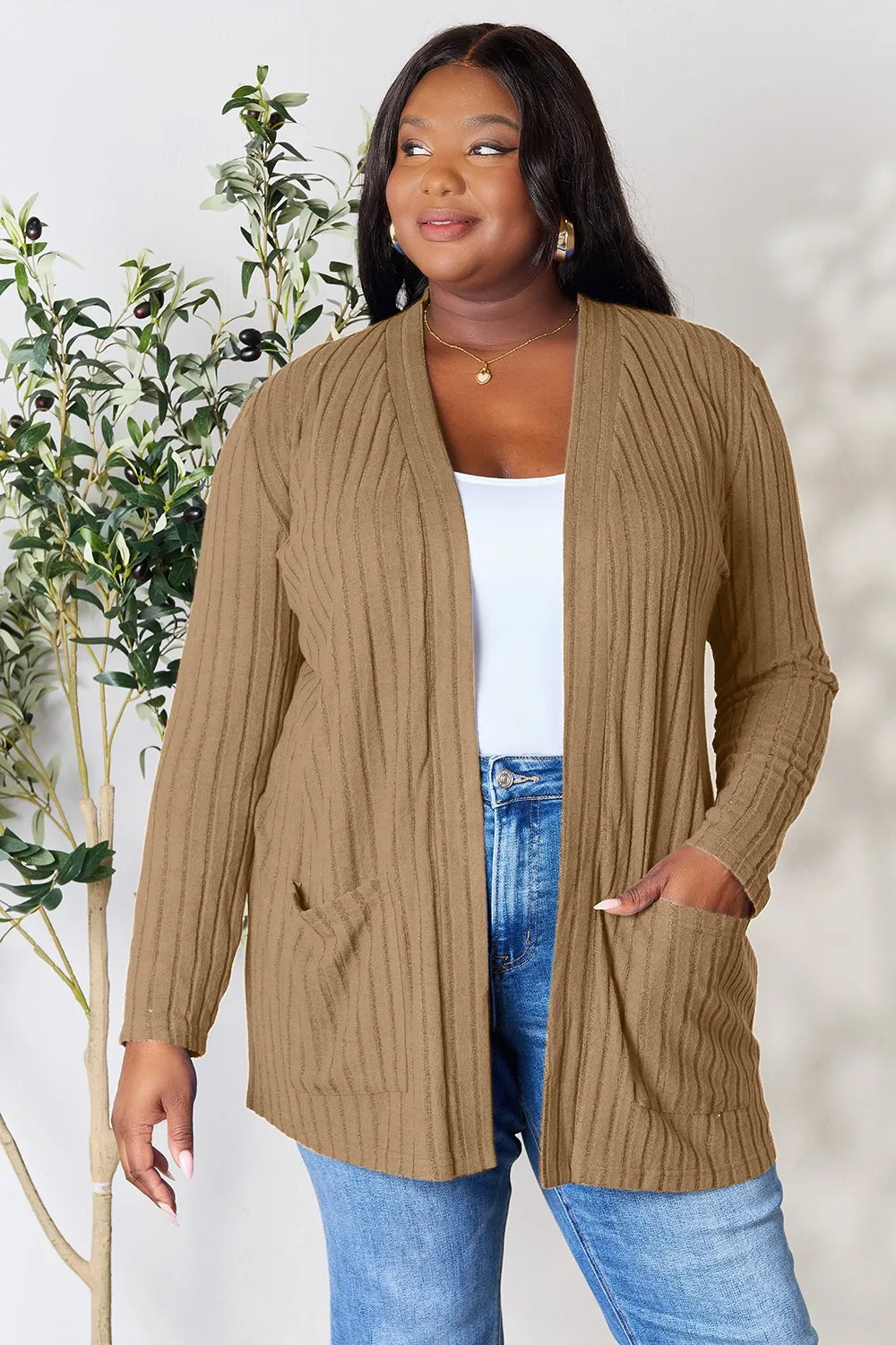 Basic Bae Full Size Ribbed Open Front Cardigan with Pockets Khaki dc1a5c97a9d94ca09a29133ef5091052-Max