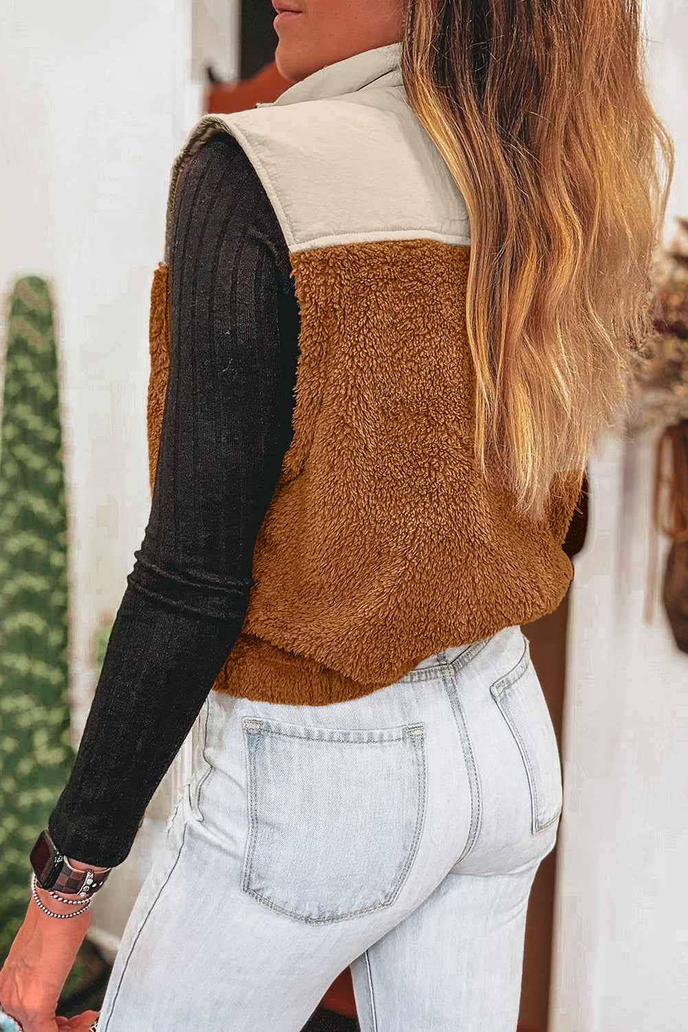 Chestnut Plush Patchwork Zipper Stand Neck Vest dc1d76a5f13a823f