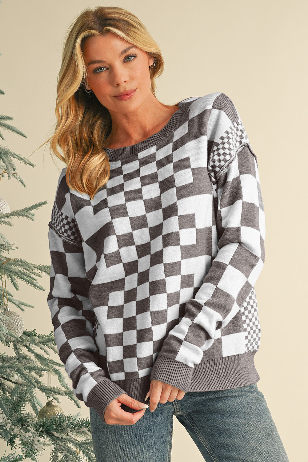 Black Checkered Drop Shoulder Round Neck Sweater dc2305a8a88cbc23