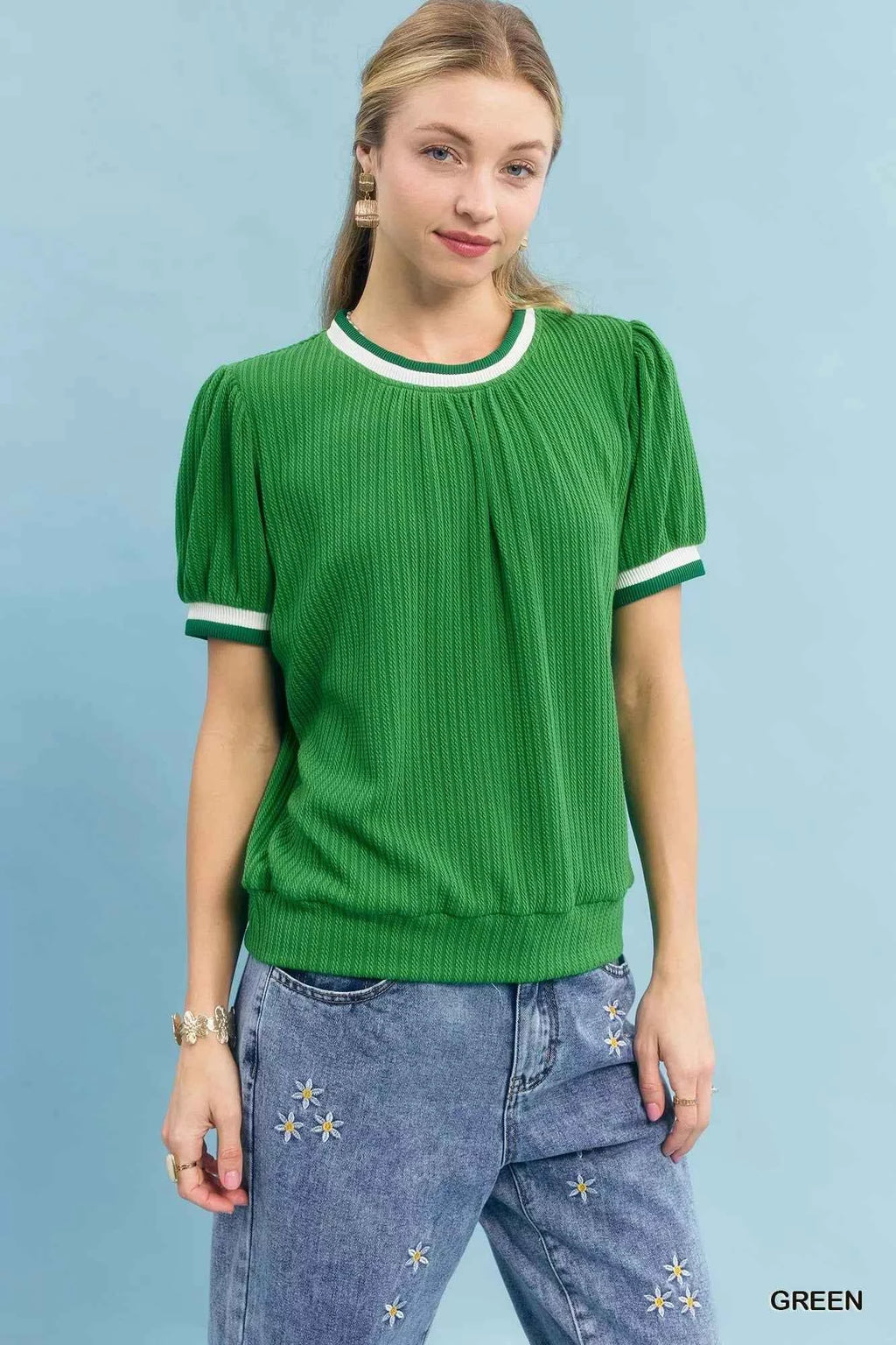 Umgee Puff Sleeve Knit Top with Contrast Rib Trim GREEN dc2315f9-d480-46f0-8713-90885d3abf05-Max-Origin