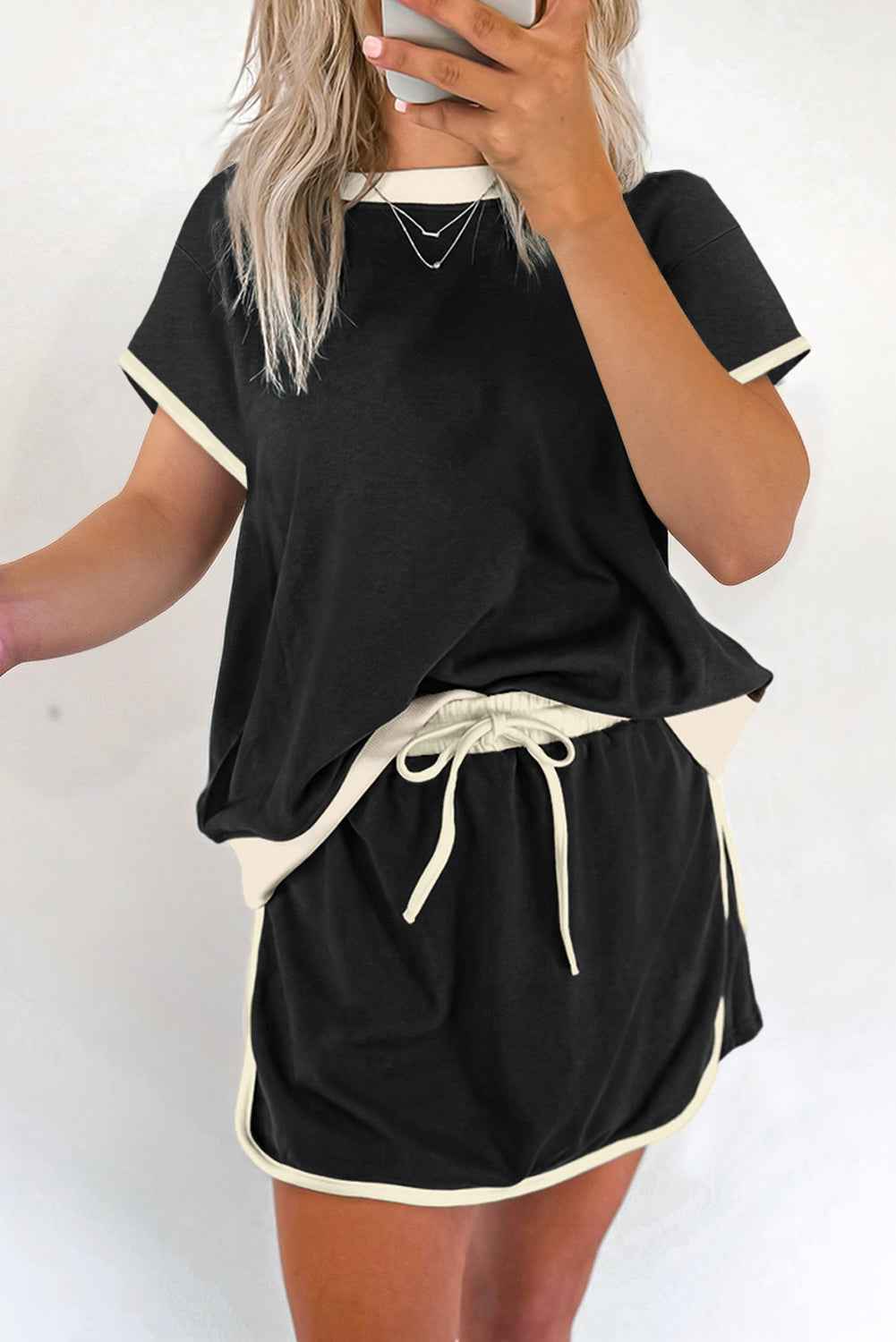 Black Colorblock Edge Drop Shoulder T Shirt and Skort Set dc266b9fd545119f