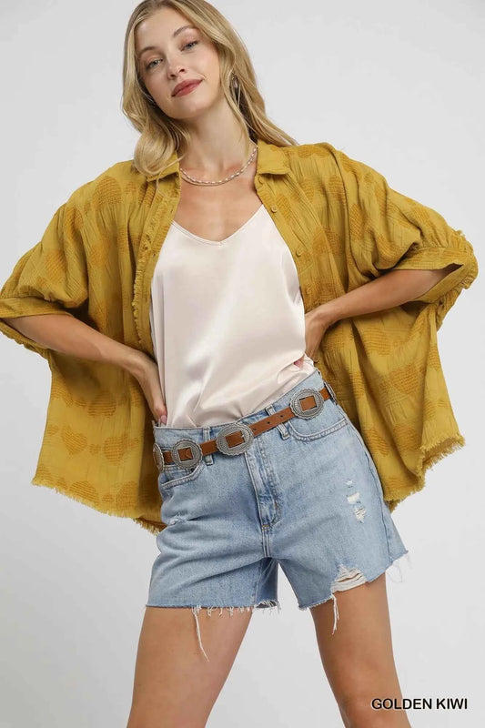 Umgee Jacquard Heart Collared Shirt GOLDEN KIWI dc2818d9-65db-42d9-95ca-32155140dbd3-Max-Origin