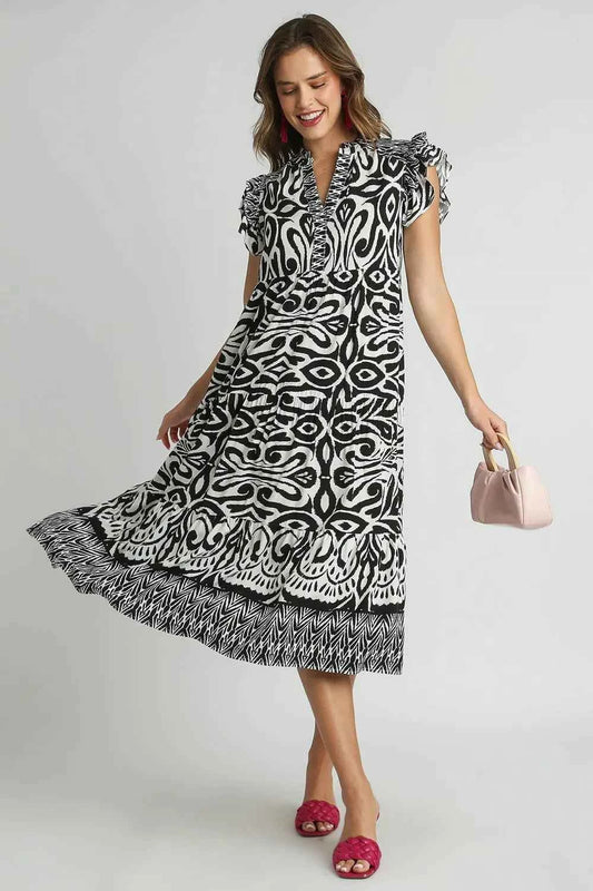 Full Size Two Tone Border Print Ruffle Cap Sleeve Midi Dress Plus Size dc299e66-eb83-40ce-be49-b3ccc87a7643-Max