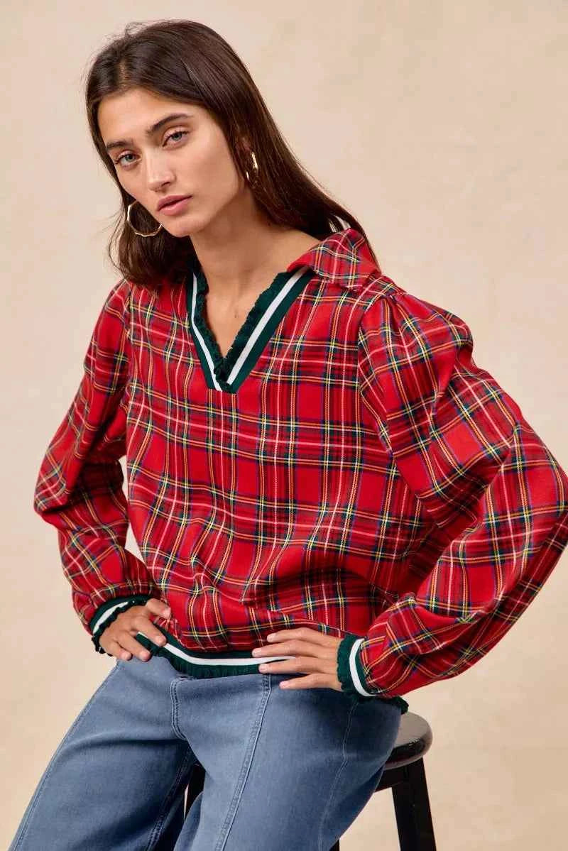 BiBi Christmas Plaid Collared Top with Ruffled Detail dc2c7dddbb614bfda2bc1a62ab1bb9cc-Max-Origin
