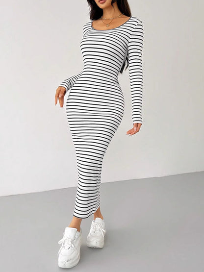 Striped Scoop Neck Long Sleeve Midi Tee Dress