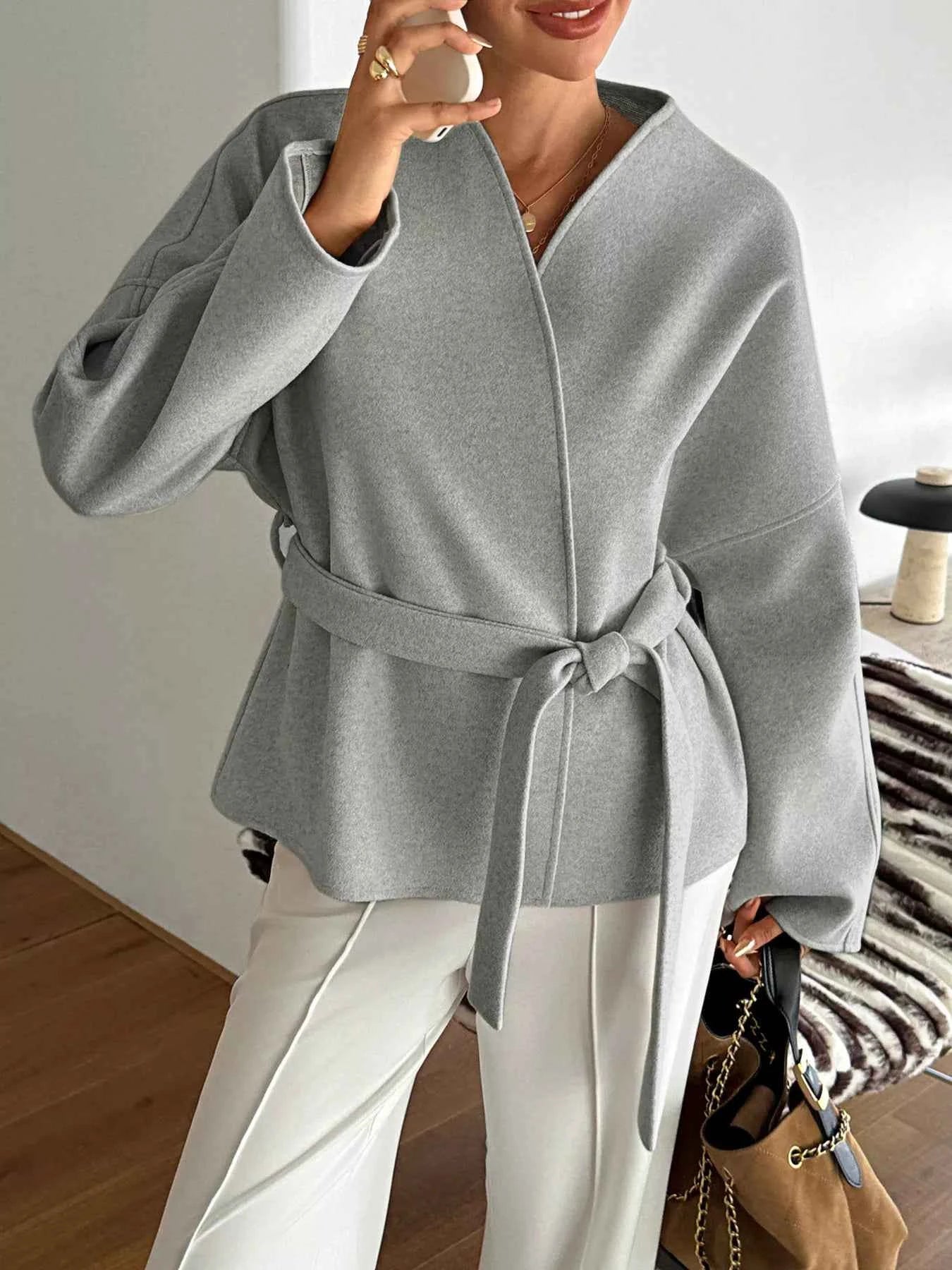 Surplice Dropped Shoulder Tie Belt Outerwear Gray dc387210785d43be9c35772e28bf8e7e-Max-Origin