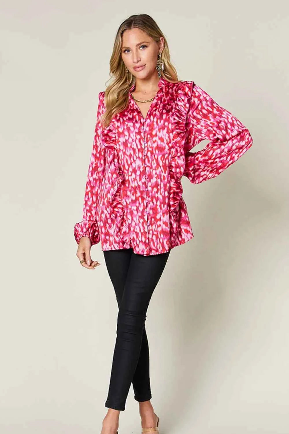 Double Take Full Size Printed Ruffle Trim Balloon Sleeve Shirt dc41f6d0-61a2-4652-91a2-13defcbe24aa-Max