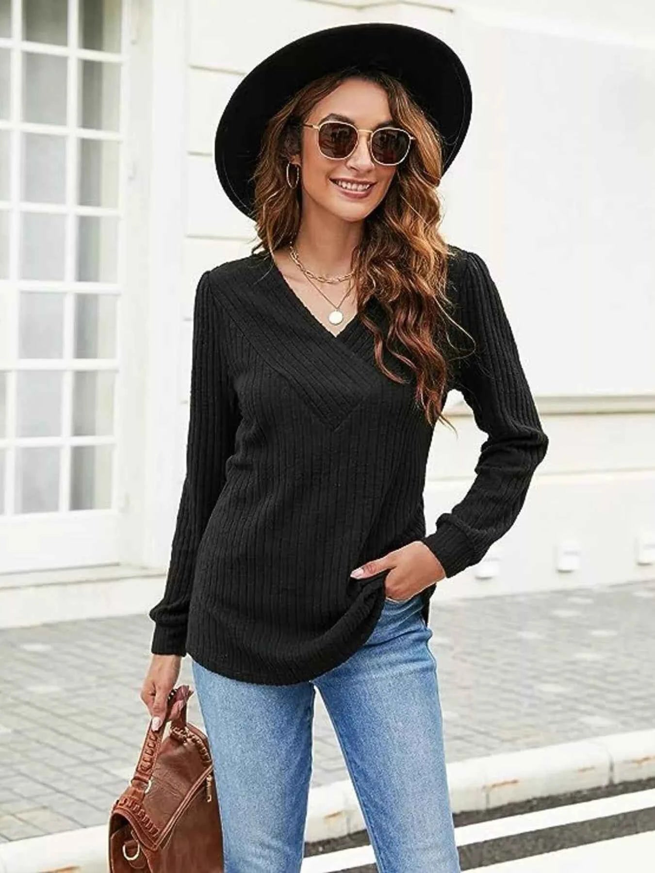 V-Neck Ribbed Long Sleeve Knit Top dc42e861367c4ebfb4fec03544a458ee-Max-Origin