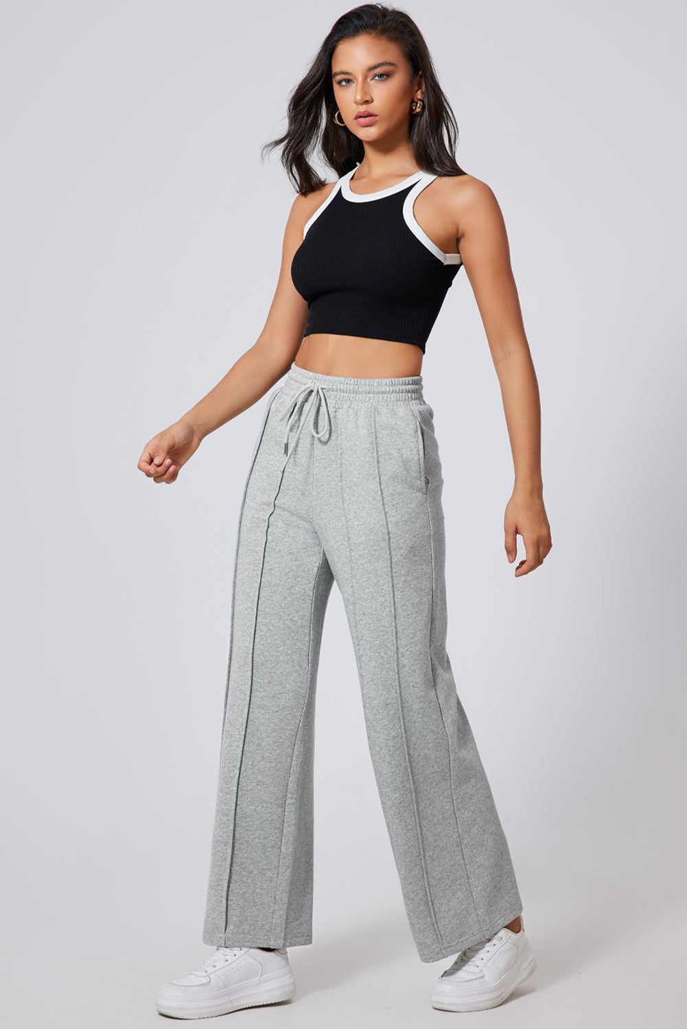 Gray Seamed Drawstring High Waist Wide Leg Sweatpants dc4356f12a35dc8f